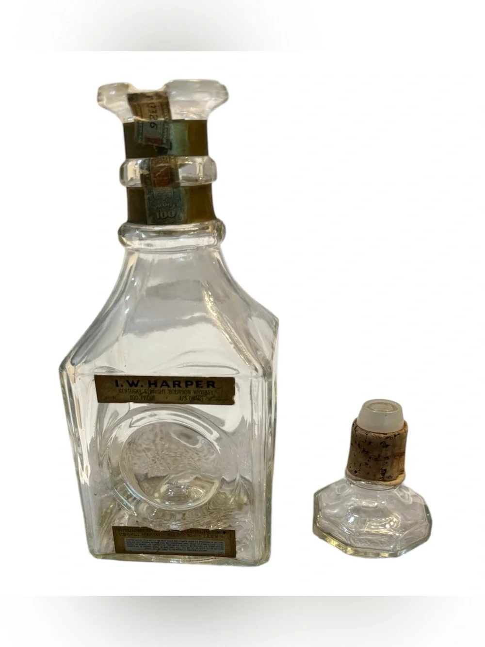 Vintage I.W. Harper Clear Glass Decanter with Gold Accent Label